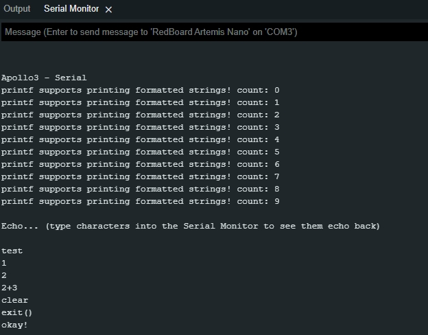 Image of serial monitor after Example4_Serial.ino demo