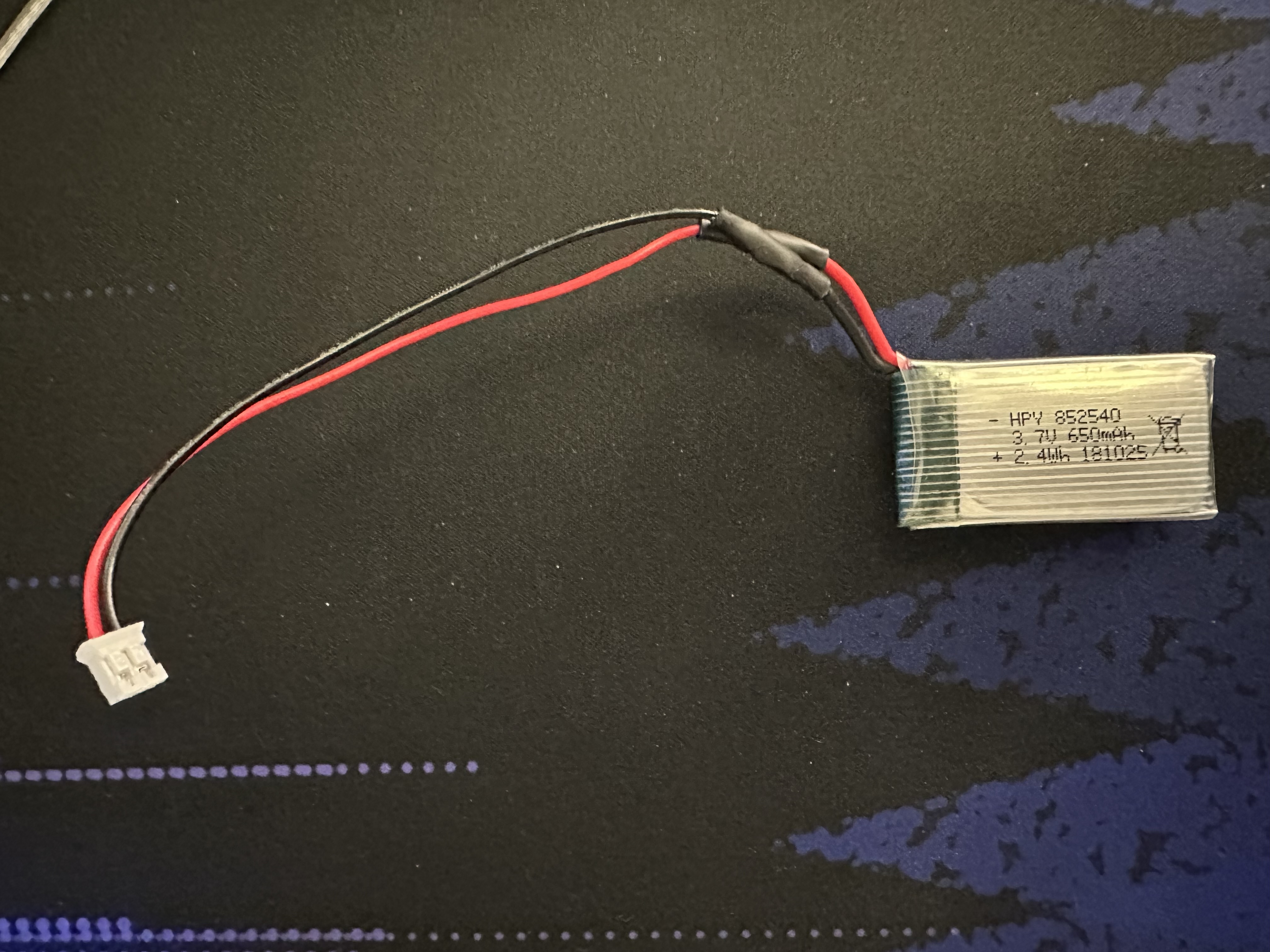 650mAh battery connected to a QWIIC cable by soldering