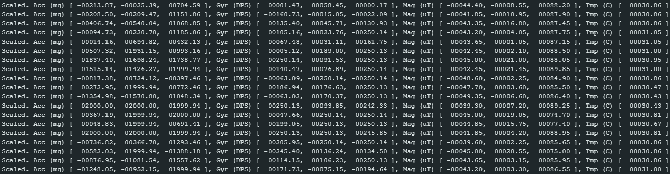 Output of example code while waving the board around